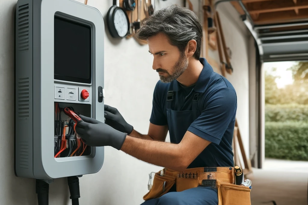 DALL·E-2024-04-16-16.17.34-An-electrician-performing-maintenance-on-a-Wallbox-charging-station